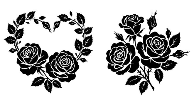 Black silhouette of a heart-shaped rose wreath with leaves and two prominent roses, isolated on a white background.