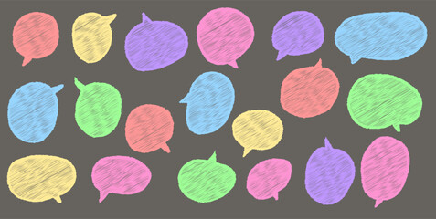 Naklejka premium Hand drawn chalk speech bubbles, sketch style comic balloons with grunge texture, crayon doodle frames isolated on black background perfect for digital and print designs
