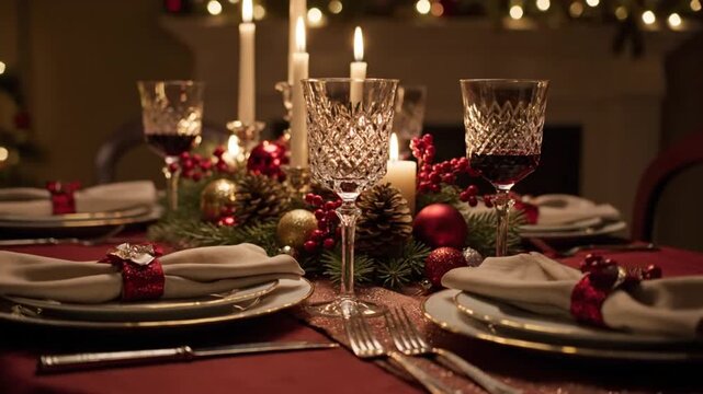 Elegant Christmas Dinner Table Setting with Candles and Festive Decorations.