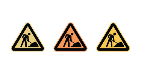 Warning construction sign vector illustration featuring man digging with shovel representing road work or general area maintenance in three color variations