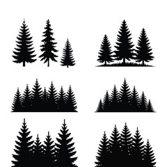 Obraz premium Set of black conifer tree silhouettes showing different forest scenes and single evergreen plants on transparent background