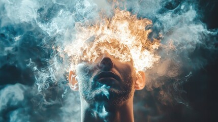 A man with fire in his eyes and smoke around him.