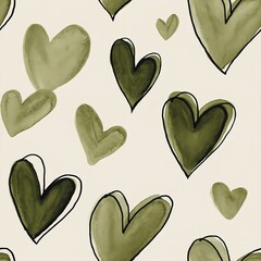 Seamless pattern of hand painted olive green watercolor hearts with delicate black ink sketch outlines on a soft neutral background