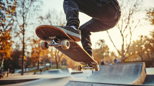Skateboarder performing a trick in a skate park. - Powered by Adobe