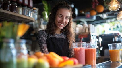 A young woman in an apron smiles while standing behind a juice bar with a variety of colorful smoothies and juices.