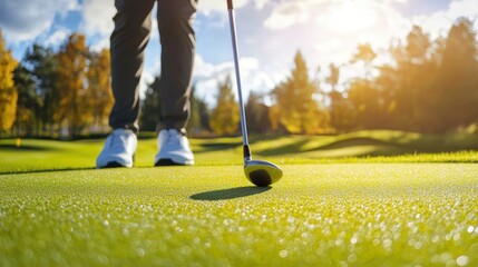 A golfer's feet and golf club on a lush green golf course with a bright sun shining through the trees.