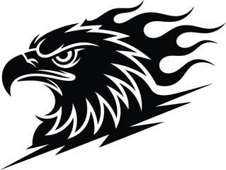 Fototapeta premium A striking black silhouette of an eagle head with fiery stylized feathers against a white background
