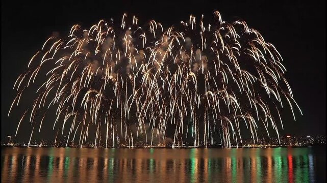 Fireworks explode over water at night display Kembang Api