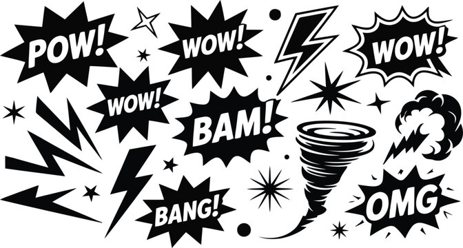 A vibrant collection of comic book style speech bubbles with energetic exclamations and dynamic elements