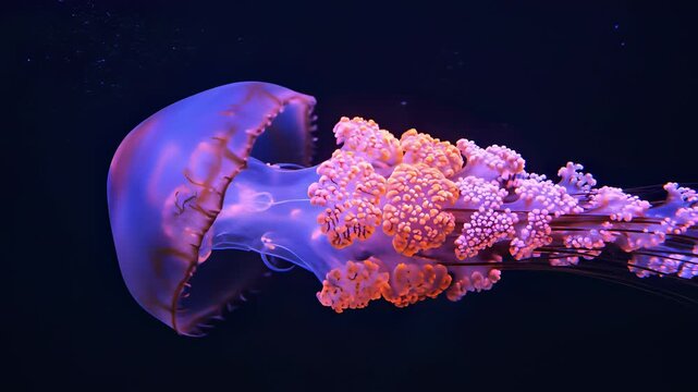 Jellyfish undulate through the water with distinct white heads and vibrant yellow or purple bodies, their luminescent tentacles glowing like tiny stars as if lit by an otherworldly light.