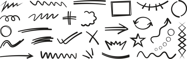 Set of hand drawn lines and arrows. Simple lines hand drawn black arrows, curved lines, straight lines, various element. Simple of hand drawn black wavy lines. Black hand-drawn signs or symbols. 