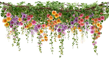 A vibrant flower arrangement hanging from the ceiling in a restaurant, with a mix of colorful flowers and greenery, creating a lively and inviting atmosphere.