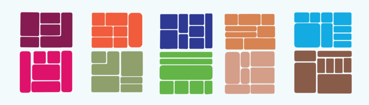 set of colorful Bento style layout grid templates. Colorful trendy geometric brick layout collection. Pictures collages with trendy Y2