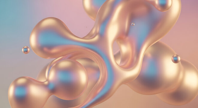 Iridescent metallic fluid blobs with soft pastel background, abstract and fluid motion.