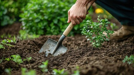 A person planting a small plant in a garden bed with a shovel.