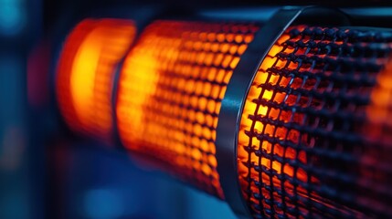 A close-up of a glowing orange and black mesh tube with a blurred background.