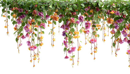 A vibrant flower arrangement hanging from the ceiling in a restaurant, with a mix of colorful flowers and greenery, creating a lively and inviting atmosphere.