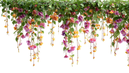 A vibrant flower arrangement hanging from the ceiling in a restaurant, with a mix of colorful flowers and greenery, creating a lively and inviting atmosphere.