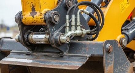 A close-up of a yellow and black excavator arm with hoses and pipes.