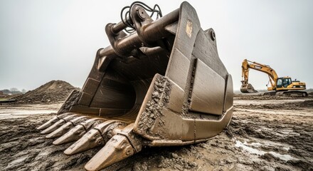 A large, heavy-duty excavator bucket with a yellow excavator in the background on a muddy construction site.
