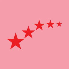 Curved line of five red stars decreasing in size on pink background for rating, motion, or decorative concept