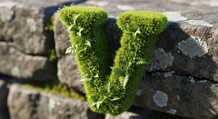 A moss-covered stone wall with the letter 'V' carved into it.