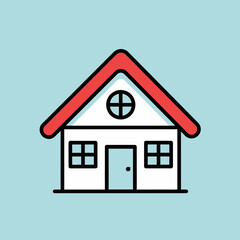 Simple cartoon house icon with red roof and blue door on light blue background isolated on white background, Vector