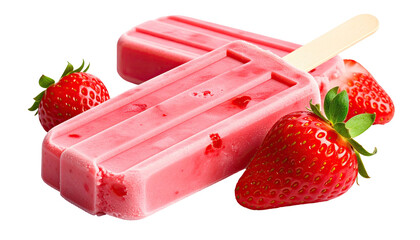 Two pink strawberry popsicles with fresh strawberries