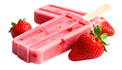 Two pink strawberry popsicles with fresh strawberries