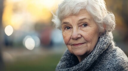 An elderly woman with white hair, wearing a gray scarf, standing outdoors with a blurred background.