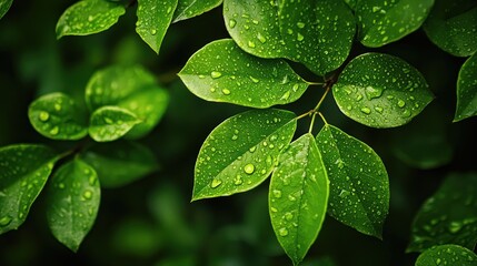Green leaves with water droplets on them, against a blurred green background.