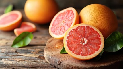 A fresh, sliced grapefruit on a wooden cutting board with leaves.