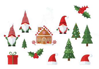 Festive christmas scene with gnomes, gingerbread house and trees