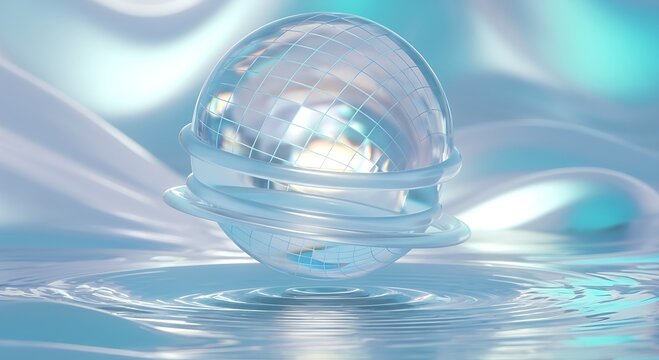 Abstract shimmering liquid orb suspended above rippling water with ethereal blue and white light reflections