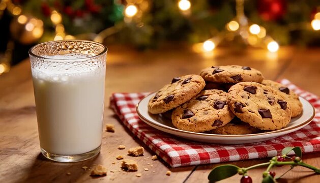 A cozy christmas tradition of milk and chocolate chip cookies left for santa claus with festive lights.