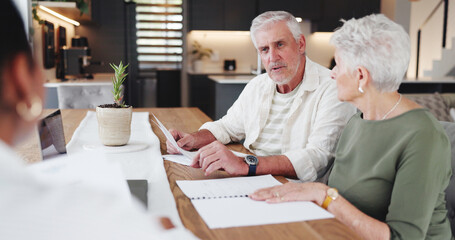 Paperwork, senior couple or discussion with agent for real estate, property purchase and agreement...