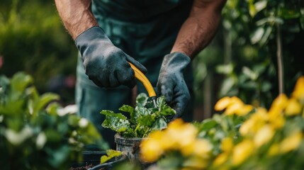 A person wearing gloves is gardening in a lush, green garden with yellow flowers.