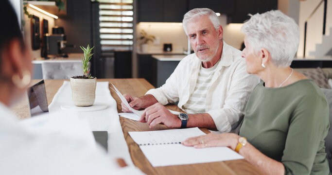 Paperwork, senior couple or discussion with agent for real estate, property purchase and agreement contract. Consultant, retirement planning or old people with offer for investment, speaking and home