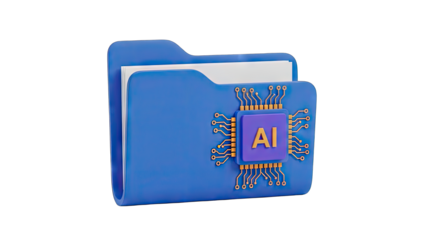 Blue Folder Icon Featuring AI Chip and Circuitry Symbolizing Digital Technology and Artificial Intelligence Storage and Data Management Concepts