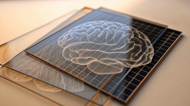 Transparent human body motion with brain layers concept. The image showcases layered transparencies of a brain on a grid background.