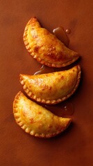 Empanadas de Pl&aacute;tano (plantain stuffed with cream) on a brown background, dish from El Salvador, food photo, template for social media, digital ads, web banners, mobile wallpapers, greetings card