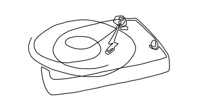continuous line animation of retro old classic portable music turntable vinyl disc