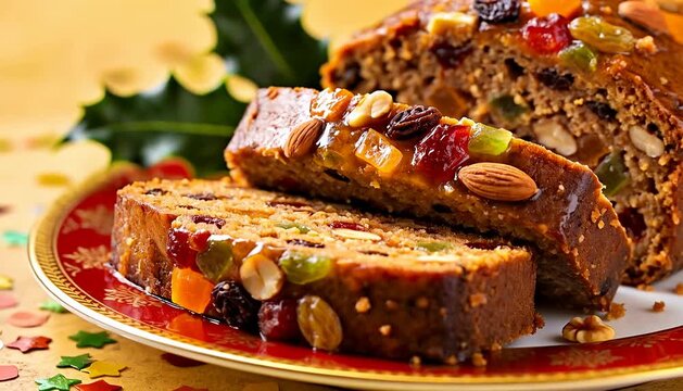 A slice of delicious traditional christmas fruitcake covered with colorful candied fruit and nuts, sliced.