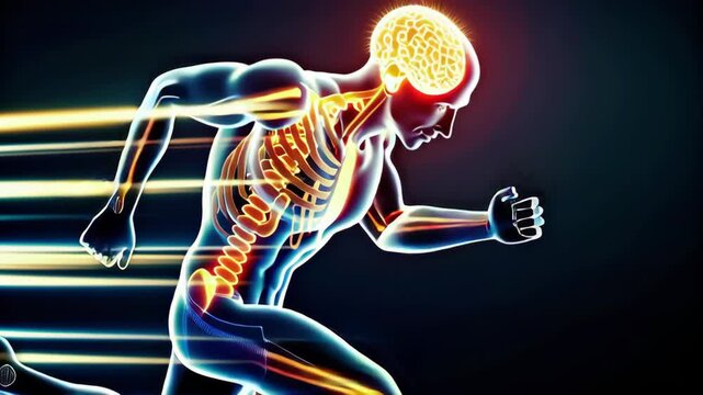 Transparent human body motion with brain layers concept. A figure running with vibrant light trails, emphasizing speed and cognitive function.