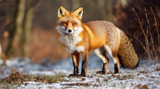 A red fox standing in a snowy forest with a blurred background.