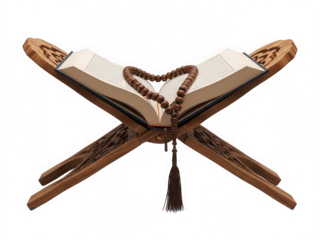 Open holy book with prayer beads isolated for faith worship and religious concept in png transparent background