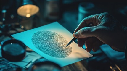 A hand holding a pen over a fingerprint on a piece of paper.