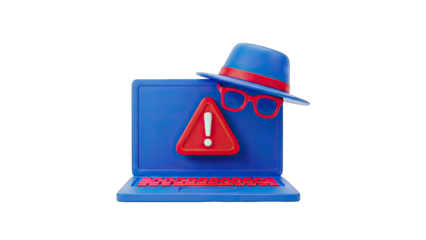 Blue Laptop Displaying Red Exclamation Mark Warning Symbol with Cyber Security Hacker Hat and Glasses on Transparent Background