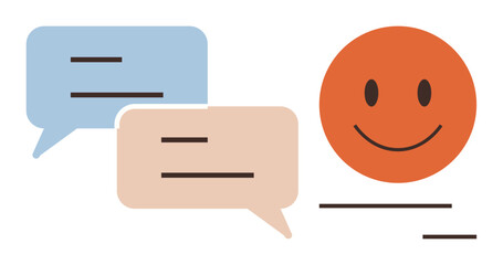 Two speech bubbles and a bright orange happy face symbolize communication, dialogue, feedback, and positivity. Ideal for messaging, teamwork, customer interaction, community building, discussion