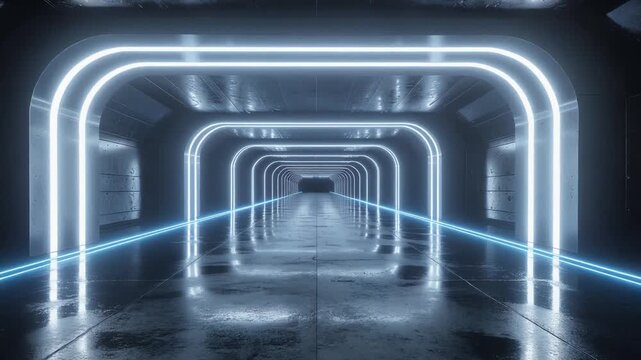 A Long, Cylindrical Futuristic Corridor or Abstract Tunnel, Rendered in Deep Charcoal and Silver with Bright Blue Neon Arches and Reflective Wet Walls, Indicating High-Tech Transportation and Speed. - Powered by Adobe